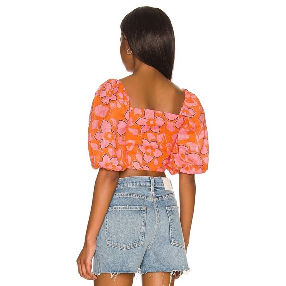 Revolve Faithfull the Brand Top Orange Pink‎ Floral Linen Idrissy - Picture 2 of 14